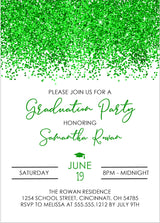 Graduation party invitation with green confetti and text on a white background