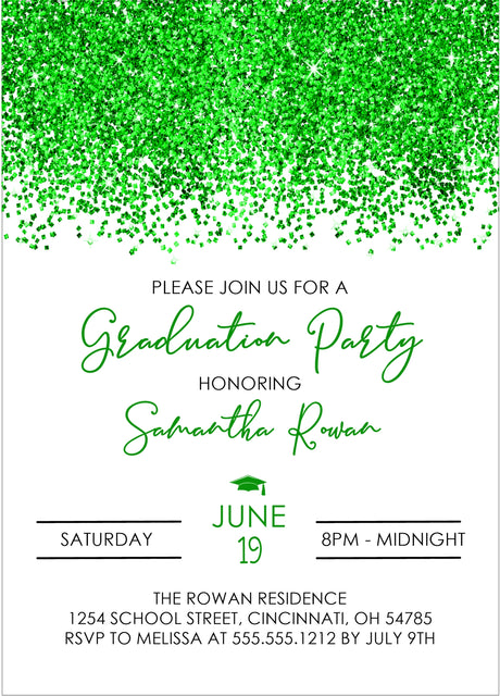 Graduation party invitation with green confetti and text on a white background