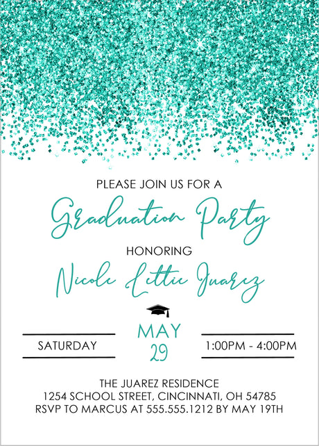 Graduation party invitation with teal glittery border and text details.