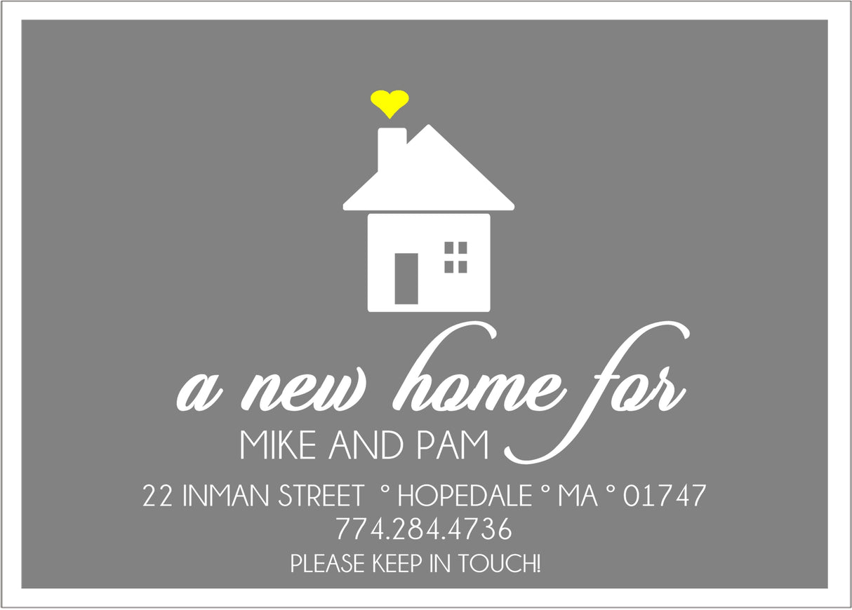 Gray and yellow personalized new home announcement card