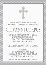 Gray polka dot First Holy Communion invitation with cross design