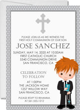 Gray polka dot first holy communion invitation for boys