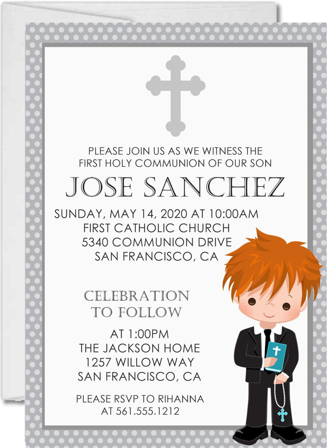 Gray polka dot first holy communion invitation for boys