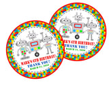 Gray robot trio birthday sticker with personalized name