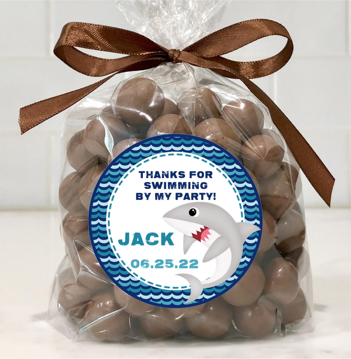 Gray shark birthday favor sticker