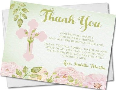 Green And Pink First Communion Thank You Cards