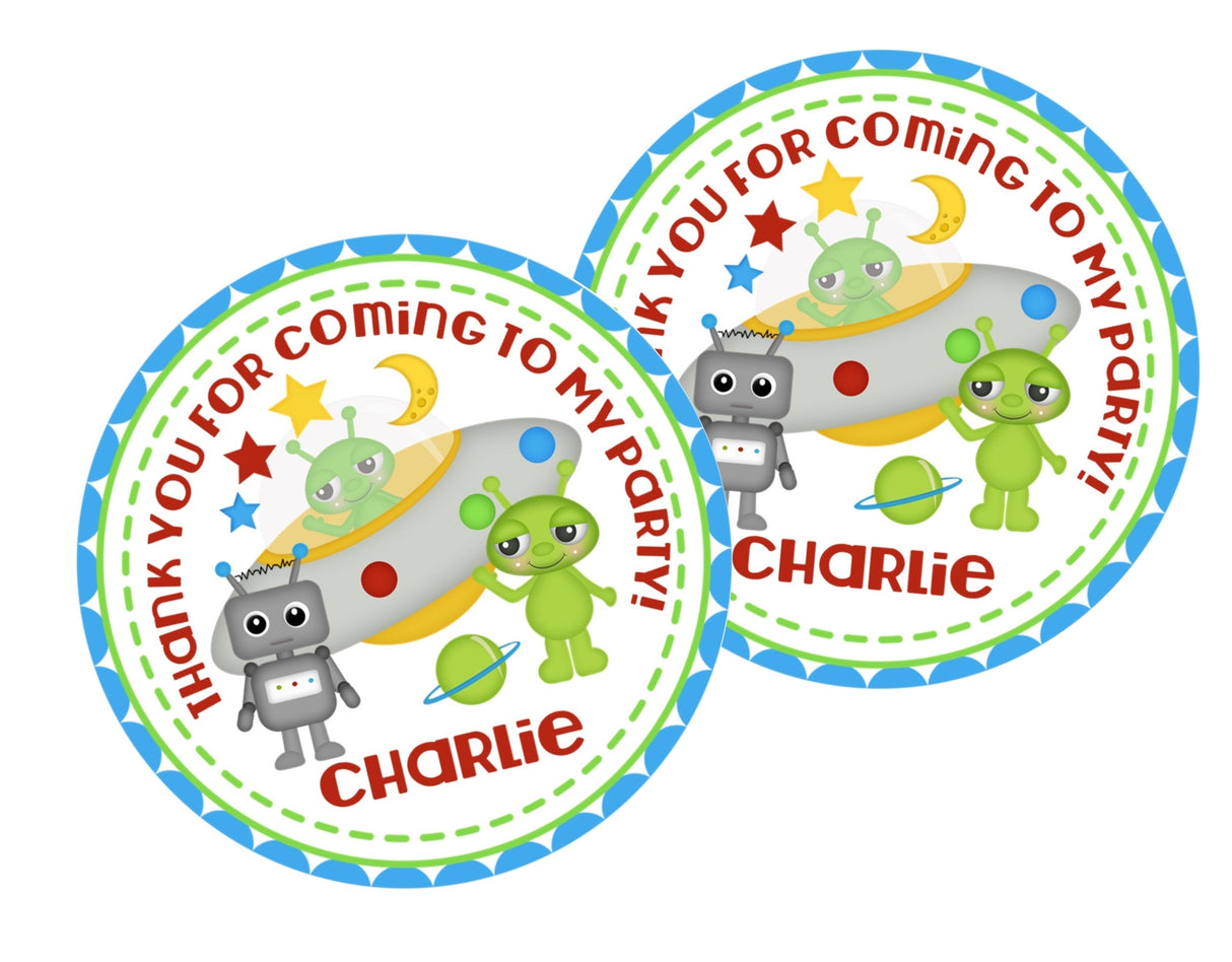 Green alien and spaceship party favor label