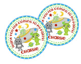 Green alien and spaceship party favor label