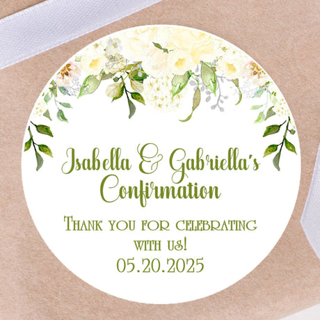 Green and ivory rose floral Confirmation sticker with watercolor flowers