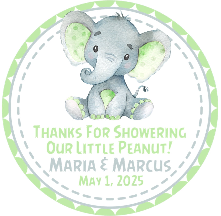 Green elephant themed baby shower stickers for favors and decorations