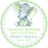 Green elephant themed baby shower stickers for favors and decorations