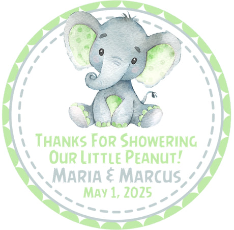 Green elephant themed baby shower stickers for favors and decorations