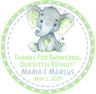 Green elephant themed baby shower stickers for favors and decorations