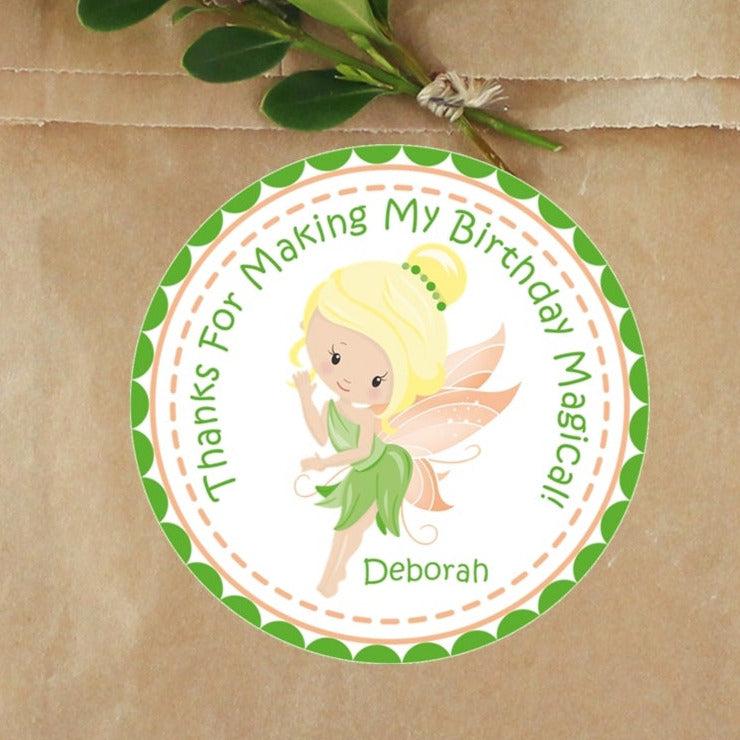 Green fairy birthday sticker with peach wings and personalized name.