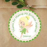 Green fairy birthday sticker with peach wings and personalized name.