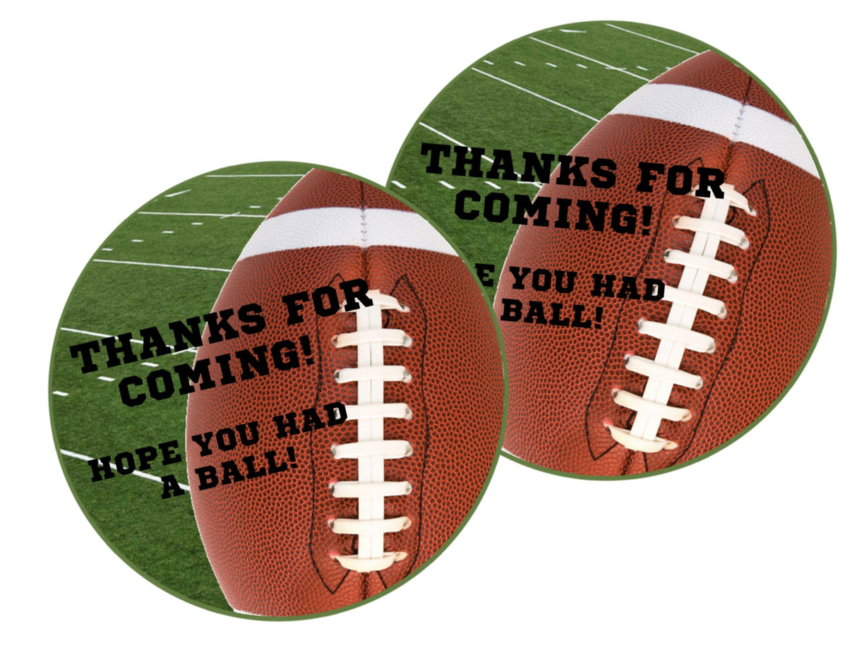 Green football party favor label with bold black text
