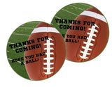 Green football party favor label with bold black text