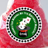 Green magic birthday sticker with magician hat and cards