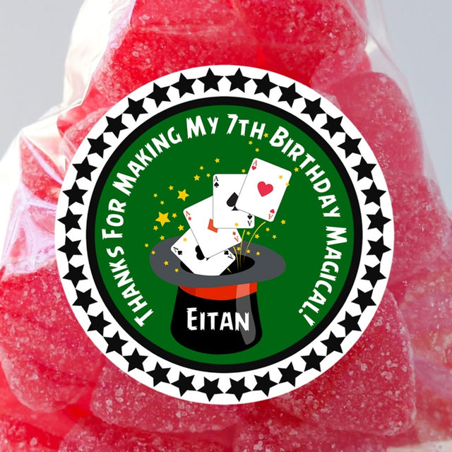 Green magic birthday sticker with magician hat and cards