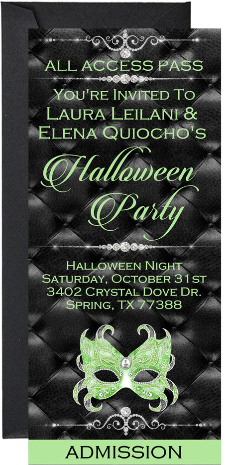 Green masquerade themed ticket invitation for Halloween party celebration