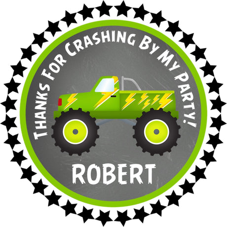 Green monster truck party favor sticker with flames and bold design