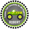 Green monster truck party favor sticker with flames and bold design