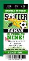 Green soccer birthday ticket invitation with admission pass layout