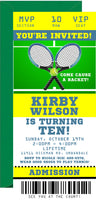 Green tennis birthday ticket invitation with admission pass layout