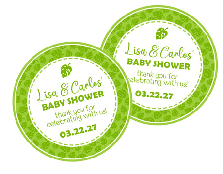Green tropical leaf baby shower sticker with monstera design