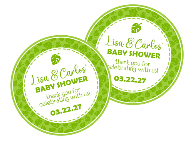 Green tropical leaf baby shower sticker with monstera design