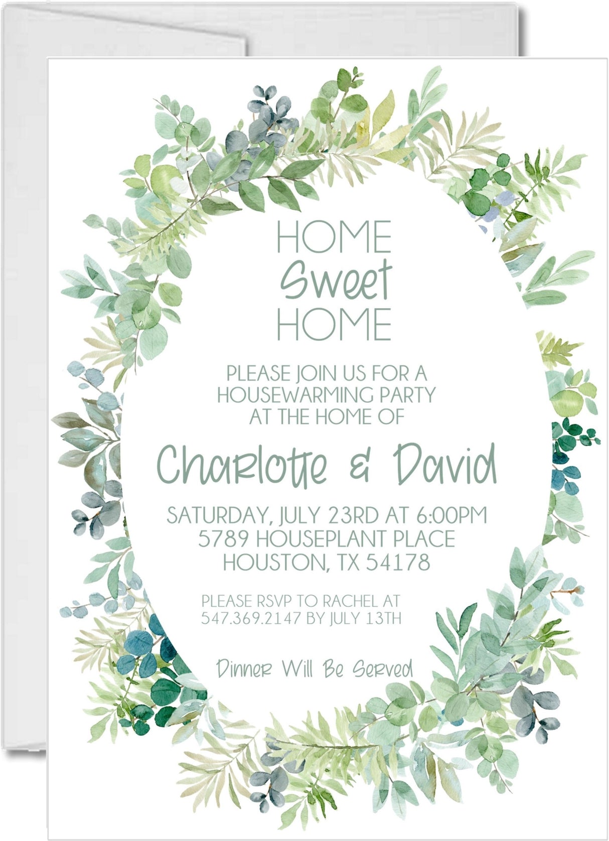 Greenery wreath housewarming invitation with botanical leaves