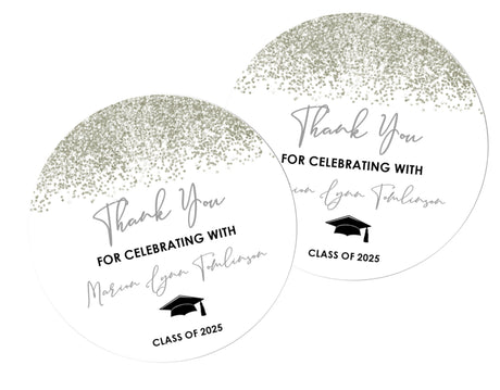 Grey and white graduation stickers – printed glitter design on matte paper