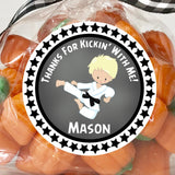 Grey karate boy birthday sticker with blonde martial artist