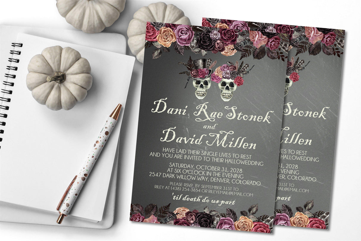 Hallowedding invitation featuring dark floral artwork and vintage gothic wedding styling