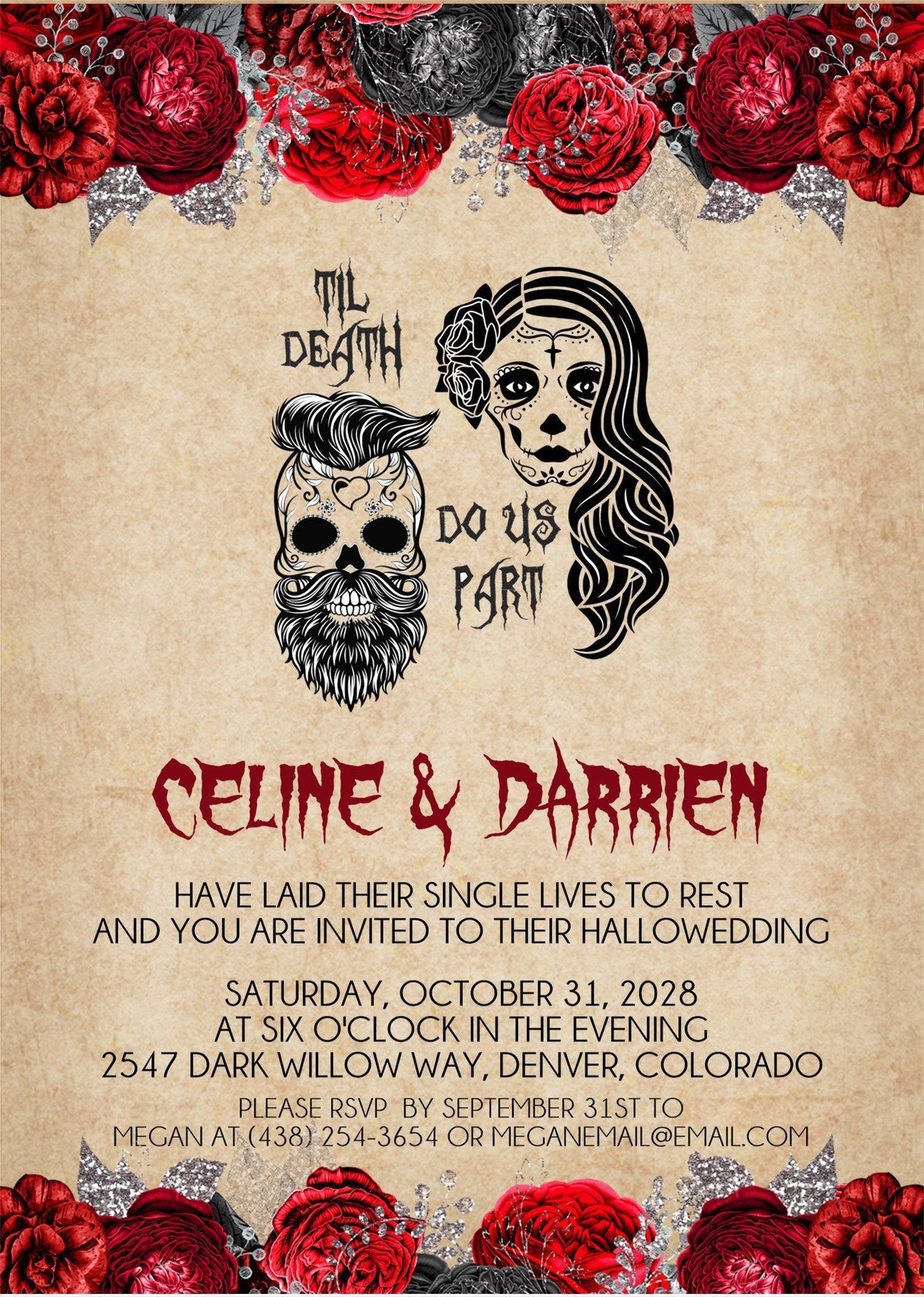 Hallowedding invitation featuring decorative skull artwork and gothic floral accents