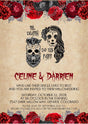 Hallowedding invitation featuring decorative skull artwork and gothic floral accents