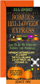 Halloween Express Train birthday invitation featuring a Halloween train, pumpkins, and ghost artwork