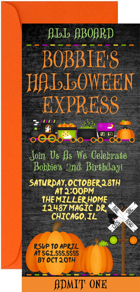 Halloween Express Train birthday invitation featuring a Halloween train, pumpkins, and ghost artwork
