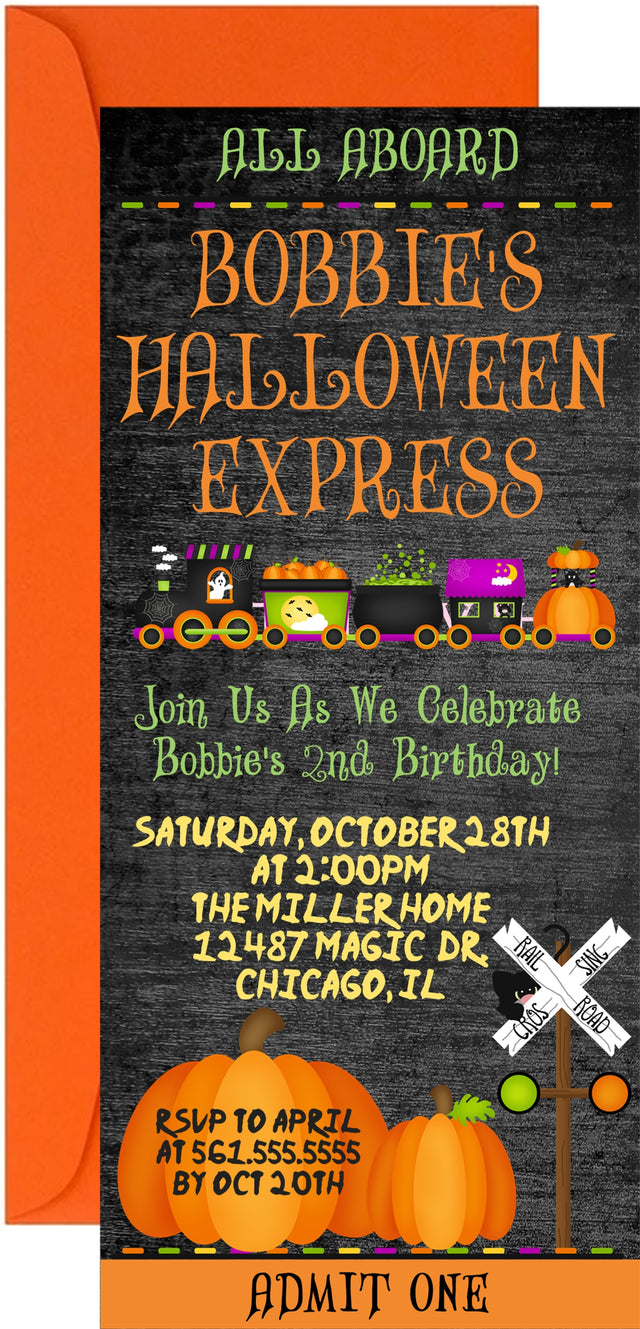 Halloween Express Train birthday invitation featuring a Halloween train, pumpkins, and ghost artwork
