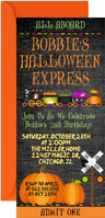 Halloween Express Train birthday invitation featuring a Halloween train, pumpkins, and ghost artwork