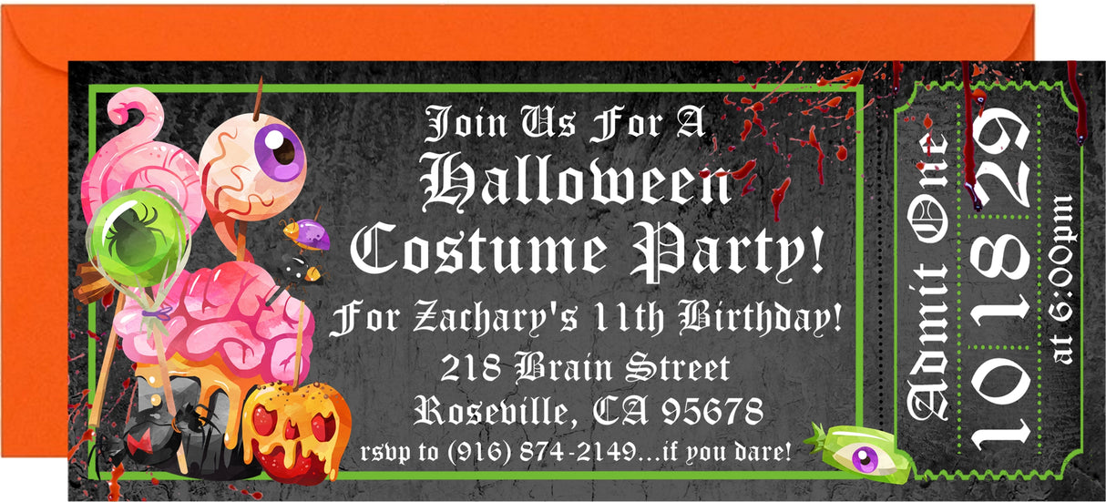 Halloween costume party invitation featuring monster artwork and Halloween candy graphics