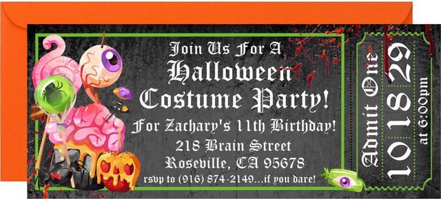 Halloween costume party invitation featuring monster artwork and Halloween candy graphics