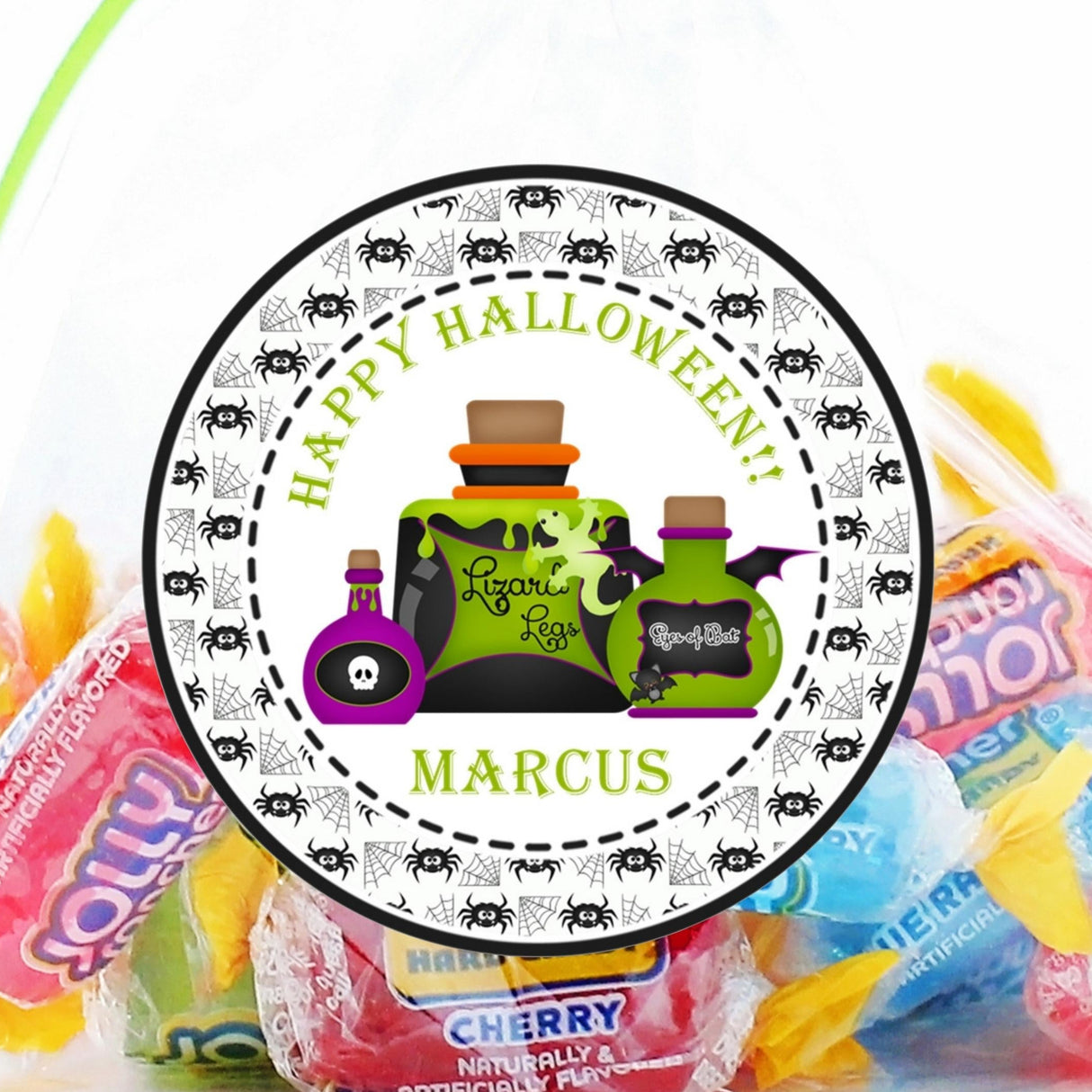 Halloween potion sticker with colorful witch bottles