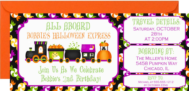 Halloween train birthday invitation featuring a Halloween locomotive with pumpkin and ghost artwork