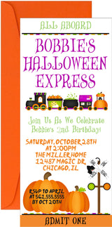 Halloween train birthday invitation with bats and festive Halloween graphics