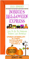 Halloween train birthday invitation with bats and festive Halloween graphics