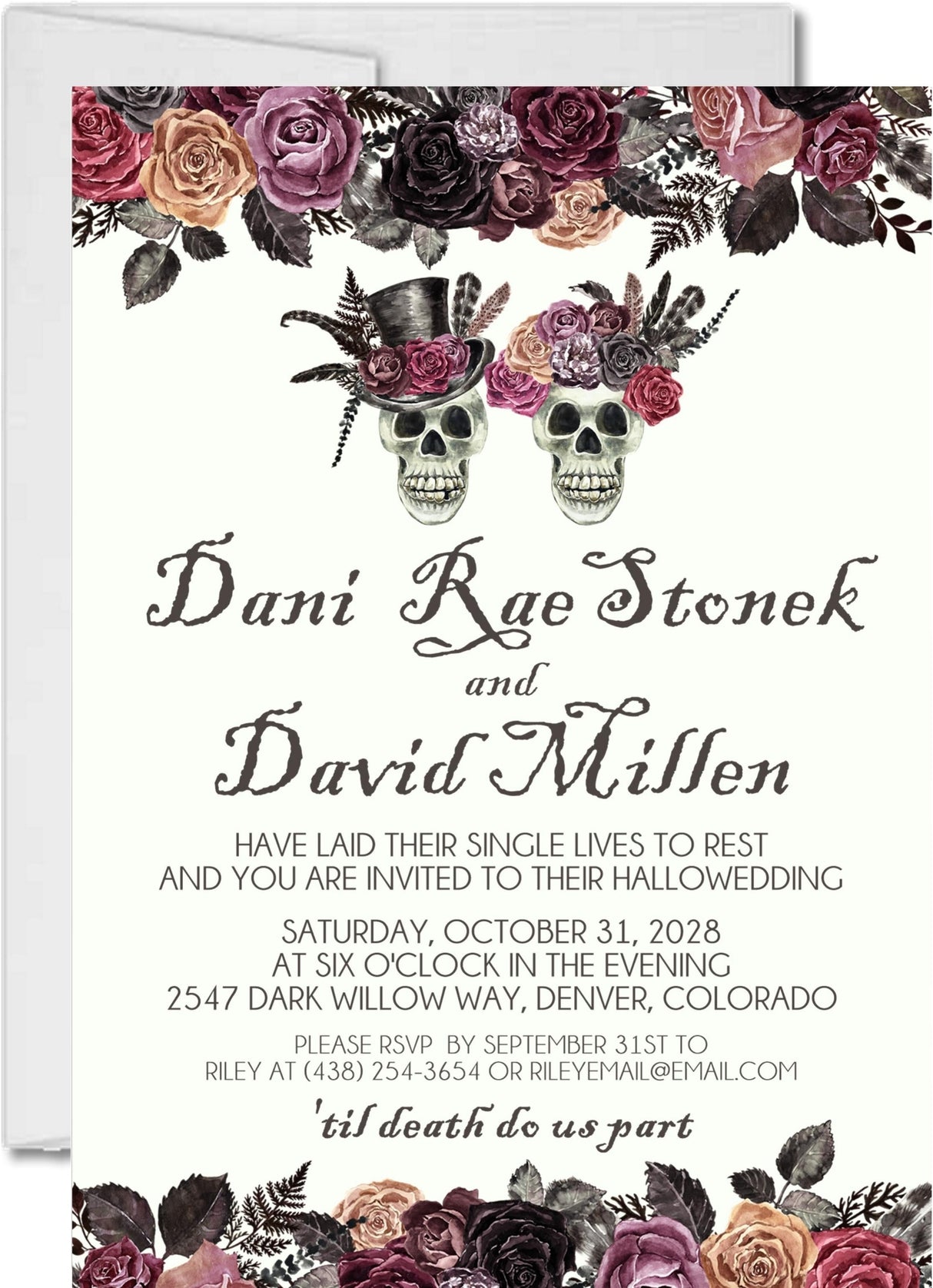 Halloween wedding invitation with burgundy flowers and romantic gothic design