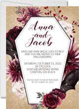 Halloween wedding invitation with burgundy roses, blush florals, and elegant wedding wording