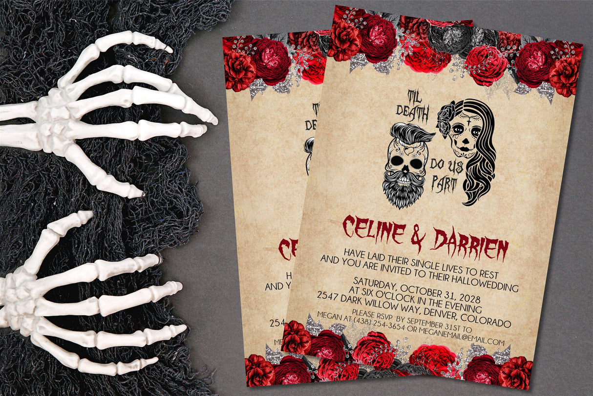 Halloween wedding invitation with vintage background and skeleton themed design