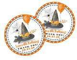 Halloween witch birthday sticker with hat and spiderweb